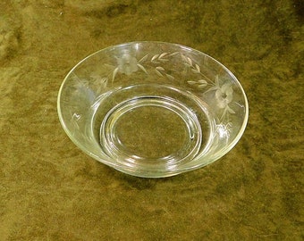 Vintage Clear Wheel Cut or Wheel Etched Serving Bowl - Floral Design