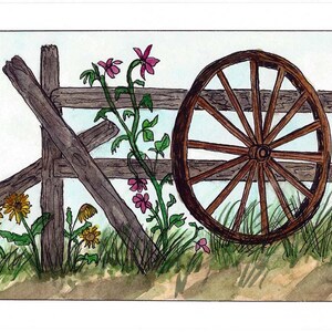 Original Pen and Ink with Watercolor Painting - Old Wooden Wagon Wheel and Rustic Fence - Not a Print