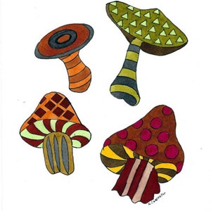 Original Handpainted Mid Century Minimalist Style Watercolor Painting - Psychedelic Mushroom - Fungi in Bright Colors