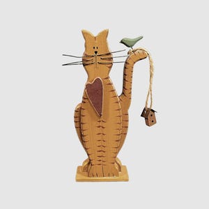 Vintage Whimsical Folk Art Wooden Cat Figure with Wire Whiskers, Bird and Tin Roofed Bird House - Primitive & Quirky