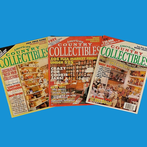 3 Vintage Back Issue American Country COLLECTIBLES Magazine 1994 - 1995 - Cookie Jars, Blue Willow, Harker China, '50s Jewelry, Fostoria