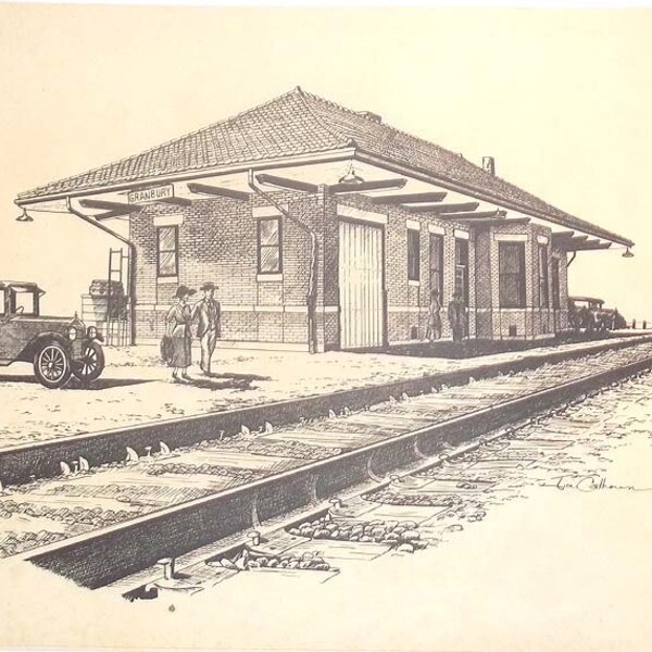 Vintage Print of Pen and Ink Drawing of the Railroad Depot in Granbury, Texas, by Jim Calhoun