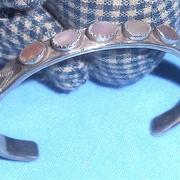 Vintage Signed Sterling Silver Bangle Bracelet with Mother of Pearl Stones and Southwestern Symbols