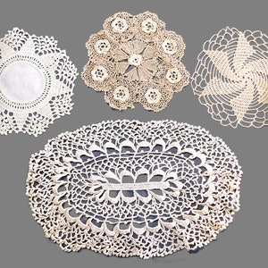 Lot of Four Vintage Handmade Crochet Doilies - Lace Doily - Ecru and Beige