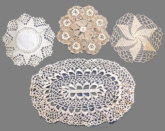 Lot of Four Vintage Handmade Crochet Doilies - Lace Doily - Ecru and Beige