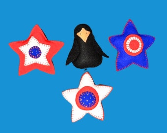 4 Handmade Penny Felt Bowl Fillers - Red White & Blue Stars and Black Bird