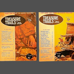 May include: Two vintage "Treasure Trails" magazines. The Spring 1974 issue features a rock formation illustration, while the Winter 1974 issue shows a man panning for gold. Both magazines have a brown and yellow color scheme.