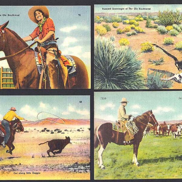 4 Vintage Western and Southwest Cowboy Linen Postcards - New Old Stock - Postally Unused Unsent