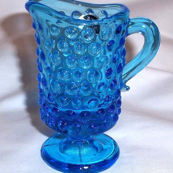 Vintage Kanawha Glass Miniature Footed Pitcher in Blue Hobnail