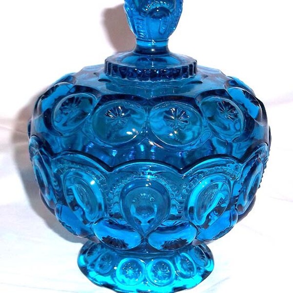 Vintage Moon & Star Candy Dish with Lid in Blue - Excellent Condition