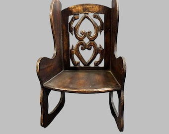 Vintage Wooden High Back Winged Doll Chair - Display for Dolls or Teddy Bears - Hand Carved Heart Cut Outs - 11 Inches Tall