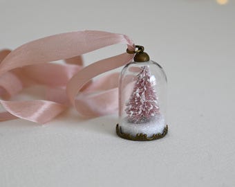 Christmas Tree Snow Globe Necklace / Christmas Jewelry / Pink Christmas Tree