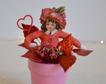 Valentine Ornament / Vintage Style spun Cotton Figurine / Spun Cotton Girl