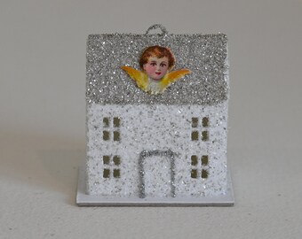 Casa Putz / Adorno navideño / Pueblo de invierno / Casa de lámina plateada