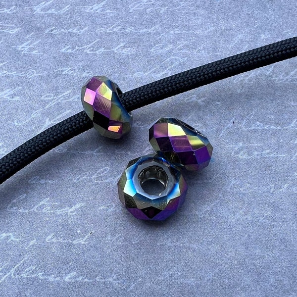 Aurora Plated Faceted Glass big hole 5.25mm  Beads for Macrame Plant Hangers European Bracelets Paracord Keychains Blue Purple Shimmer