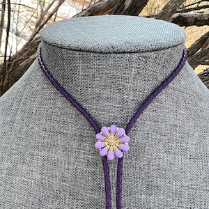 Purple Leather and Flower Funky Colorful Bolo Tie Jewelry Unisex Mens Womens Unique Handmade