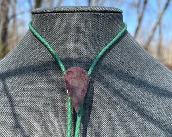 Unique Stone Arrowhead Bolo Tie Necklace with Funky Statement Green Braided Leather Real Arrow head