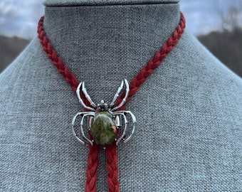 Unique Jasper Stone Spider Bolo Statement Piece Large Yall'ternative Cowboy Witchy Necklace on Burgundy Braided Faux Suede