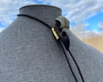 Large Crow Bird Skull Bolo Tie Necklace Black Braided Leather Cord Yall'ternative Mallgoth Rockabilly Goth Punk Raven Corvid