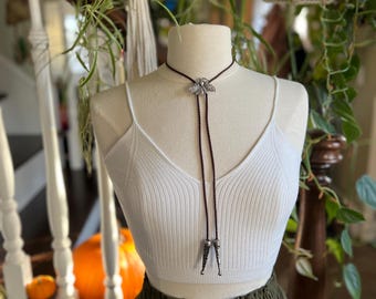 Lunar Moth Yall'ternative Bolo Tie on Lovely Dark Reddish Brown Braided Leather