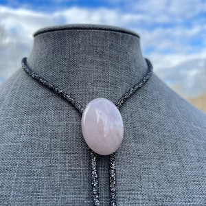 Rose Quartz Bolo Tie One of a Kind OOAK Stone Unisex Western Wear Southwest Americana Inspired Necklace Jewelry Yall&#39;ternative Glitter Glam