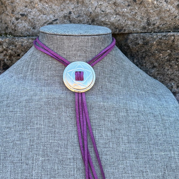 Vintage Stainless Steel Concho Slider put on modern faux suede dark purple double strand no tips style bolo inspired western wear necklace