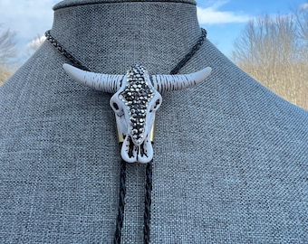 Rhinestone Cowboy Gem Studded Longhorn Steer Texas Cow Skull Classic Southwest Bolo Tie Necklace Americana Yall'ternative