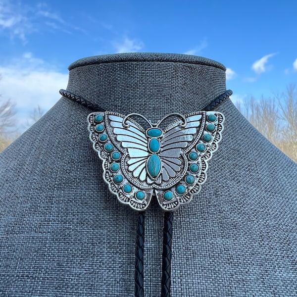 Large Statement Butterfly Southwest Bolo Tie Necklace Faux Turquoise on Silver Design Braided Leather Cord Americana Yall'ternative