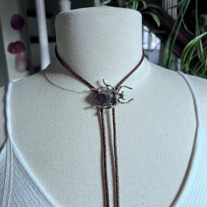 Amethyst Beetle Bolo Statement Piece Large Yall&#39;ternative Cowboy Witchy on Brown Braided Leather
