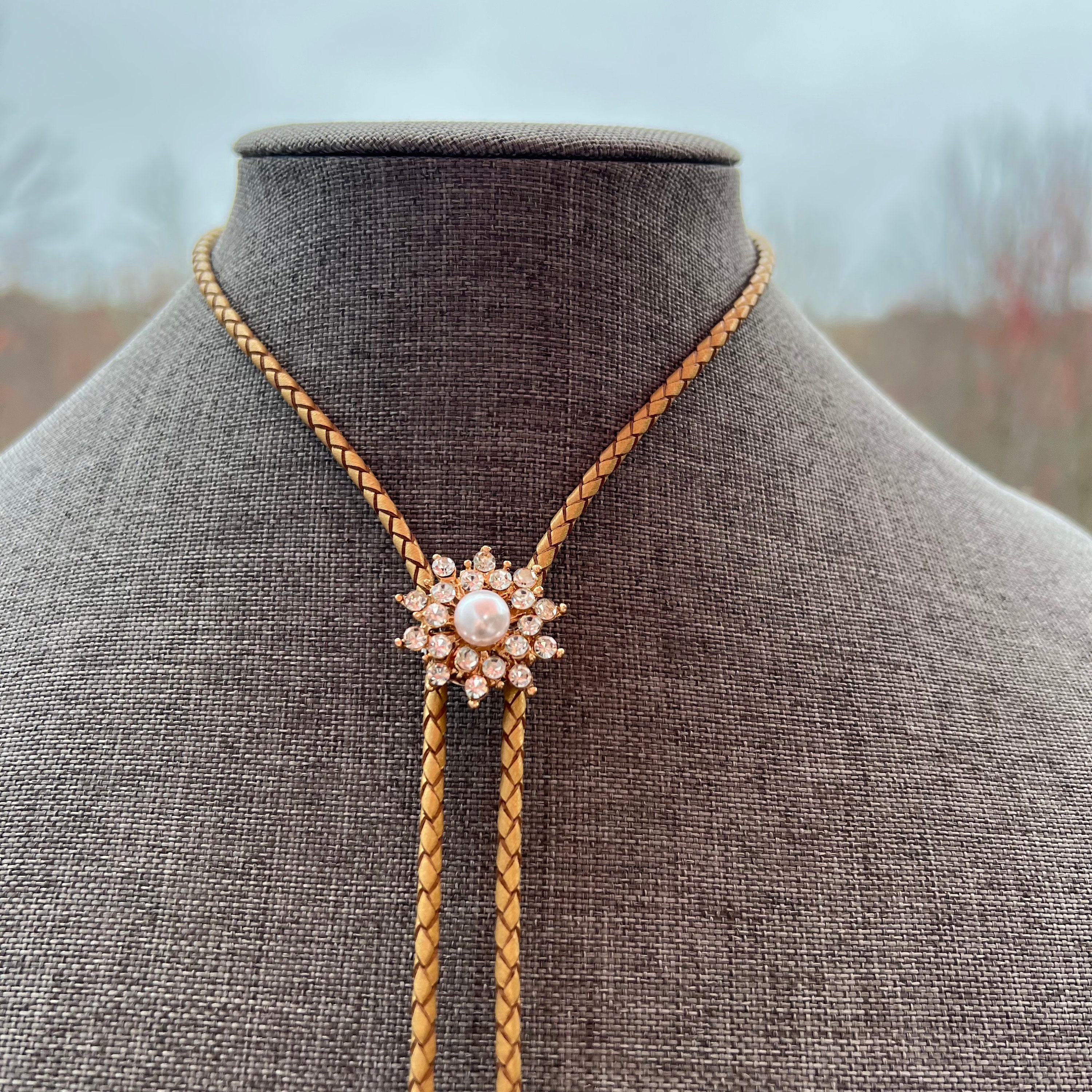 Bolo Tie Necklace Western Wear Formal Jewelry Gold Braided Cord with Rhinestone Flower Gem Design Unisex Mens Womens Yall'ternative Wedding