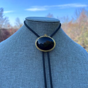 Large Black Stone with Golden Metal Frame Bolo Tie Necklace Black Cord Yall&#39;ternative Americana
