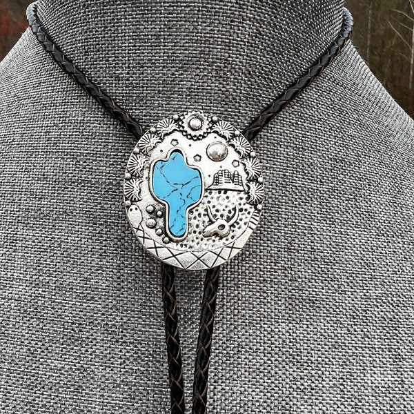 Classic Southwest Bolo Tie Necklace Turquoise Blue on Silver Design Real Braided Leather Americana Yall'ternative Cacti Desert Skull