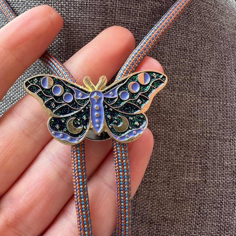 Celestial Moth Bolo Tie Necklace Color Metal Triple Moon Glittery Enamel on Gold Color Metals with unique color shift rope image 7