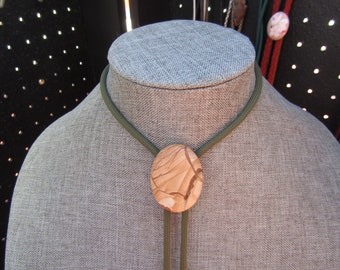 Large Picture Jasper Bolo Neck Tie with Olive Cord Bronze Tone Tips Southwest Unisex Jewelry