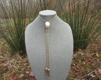 Bolo Tie Necklace Western Wedding Formal Jewelry Gold Braided Cord with Large Flower Gem Design Unisex Mens Womens Costume Cowboy Style