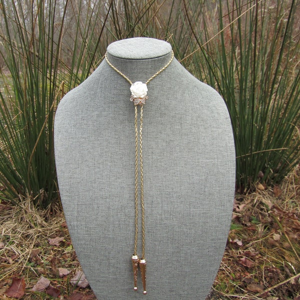 Bolo Tie Necklace Western Wedding Formal Jewelry Gold Braided Cord with Large Flower Gem Design Unisex Mens Womens Costume Cowboy Style