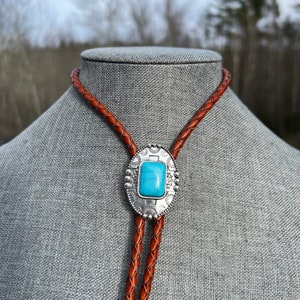 Classic Southewest Bolo Tie Necklace Turquoise Blue on Silver Design Real Braided Leather Americana Belt Buckle Style Cowboy Accessory