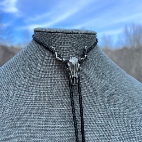Gunmetal Longhorn Steer Skull Texas Cow Skull Classic Southwest Bolo Tie Necklace Real Braided Leather Americana Yall'ternative
