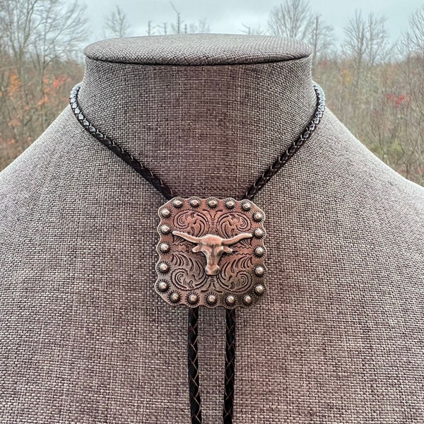 Longhorn Steer Texas Cow Skull Classic Southwest Bolo Tie Necklace Black Braided Leather Americana Yall'ternative
