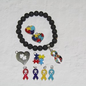CLEARANCE SALE Autism Awareness Lava Bead Puzzle Piece Bead Elastic Minimalist Mens Unisex Aspergers Aspie Gift Red Yellow Blue Ribbon