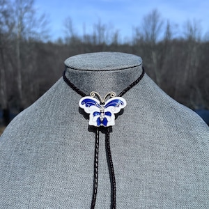 Retro Butterfly OOAK Upcycled Yall&#39;ternative Bolo Tie on Lovely Dark Brown Braided Leather Cottage Spring