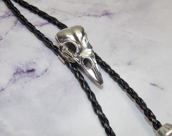 Raven Bird Skull Bolo Tie Necklace Black Braided Cord Silver Color Metal Rockabilly Goth Punk Retro Unisex Jewelry