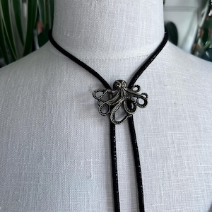 Shimmering Black Cord Bronze Octopus Bolo Tie Necklace