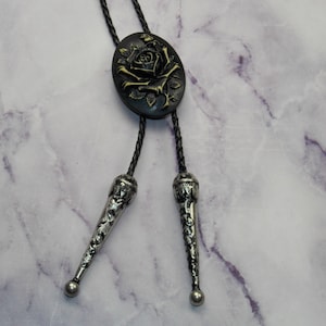 Bolo Tie Necklace Gothic Rose Jewelry Black Braided Cord  Unisex Mens Womens Costume Cowboy Style