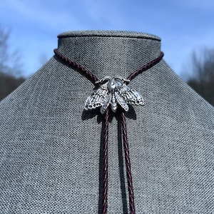 Lunar Moth Yall'ternative Bolo Tie on Lovely Dark Burgundy Braided Leather Cottage Spring