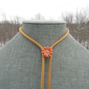 Flower Child Bolo Tie Necklace Retro 70s Orange Jewelry Unisex Mens Womens Unique Handmade