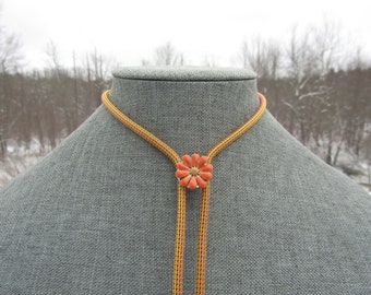 Flower Child Bolo Tie Necklace Retro 70s Orange Jewelry Unisex Mens Womens Unique Handmade