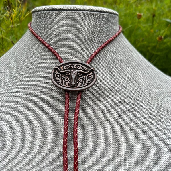 Copper Longhorn Steer Texas Cow Skull Classic Southwest Bolo Tie Necklace Burgundy Maroon Braided Leather Americana Yall'ternative