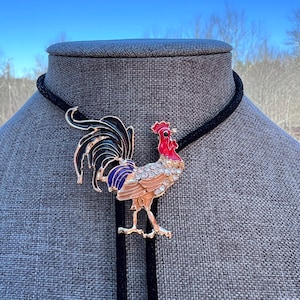 Funky Rooster OOAK Upcycled Yall&#39;ternative Bolo Tie on Lovely BLack Shimmery Rope Cord Chicken