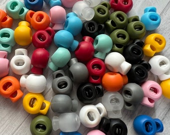 Plastic Cord Locks - Single Hole Round Spring Loaded for Crafts Drawstrings Masks 1/4" Flat Elastic Medium 18mm Barrel Pastel Colorful Mix